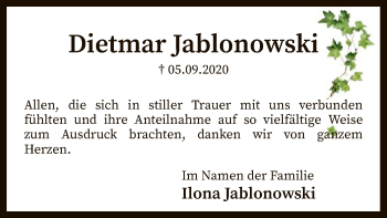 Todesanzeige von Dietmar Jablonowski von SYK