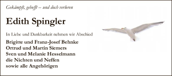 Todesanzeige von Edith Spingler von SYK