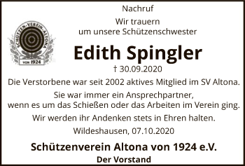 Todesanzeige von Edith Spingler von SYK