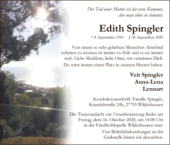 Todesanzeige von Edith Spingler von SYK