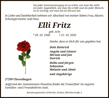 Todesanzeige von Elli Fritz von SYK