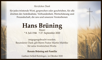 Todesanzeige von Hans Brüning von SYK