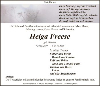 Todesanzeige von Helga Freese von SYK