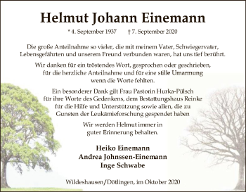 Todesanzeige von Helmut Johann Einemann von SYK