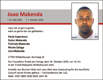 Todesanzeige von Joao Makenda von SYK