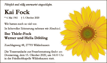 Todesanzeige von Kai Fock von SYK