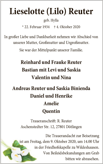 Todesanzeige von Lieselotte Reuter von SYK