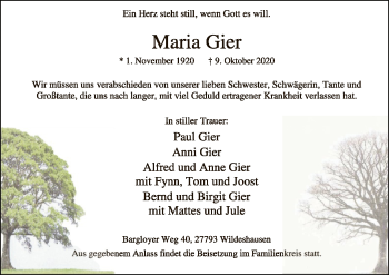 Todesanzeige von Maria Gier von SYK