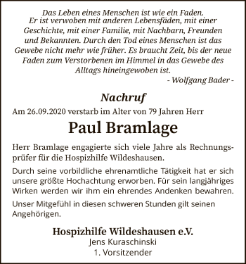 Todesanzeige von Paul Bramlage von SYK