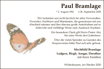 Todesanzeige von Paul Bramlage von SYK