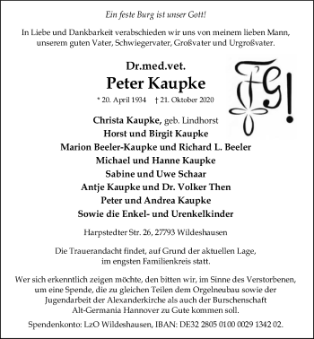 Todesanzeige von Peter Kaupke von SYK