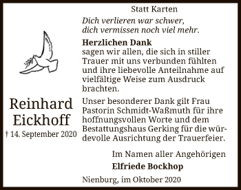 Todesanzeige von Reinhard Eickhoff von SYK