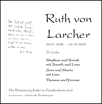 Todesanzeige von Ruth von Larcher von SYK