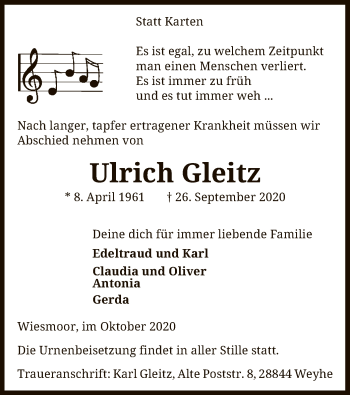 Todesanzeige von Ulrich Gleitz von SYK