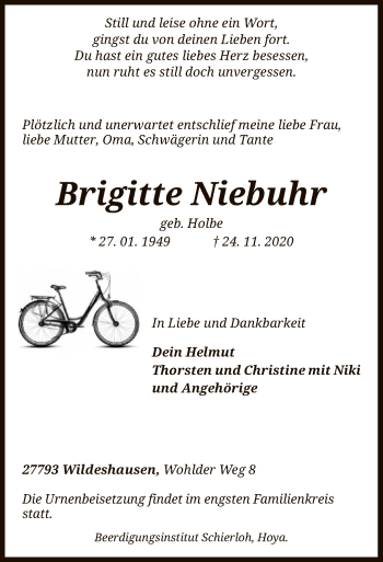 Todesanzeige von Brigitte Niebuhr von SYK