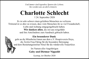 Todesanzeige von Charlotte Schlecht von SYK