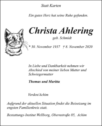 Todesanzeige von Christa Ahlering von SYK