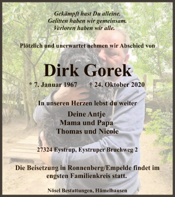 Todesanzeige von Dirk Gorek von SYK