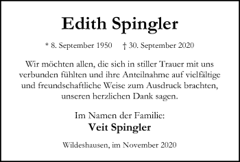 Todesanzeige von Edith Spingler von SYK