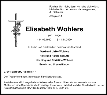 Todesanzeige von Elisabeth Wohlers von SYK
