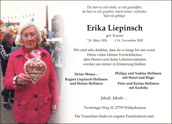 Todesanzeige von Erika Liepinsch von SYK