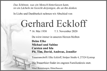 Todesanzeige von Gerhard Eckloff von SYK