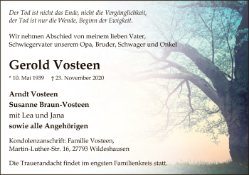 Todesanzeige von Gerold Vosteen von SYK