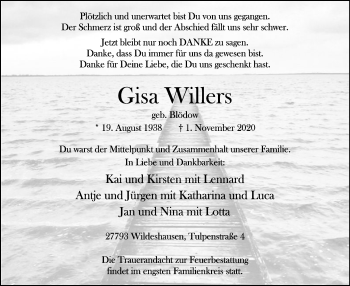 Todesanzeige von Gisa Willers von SYK