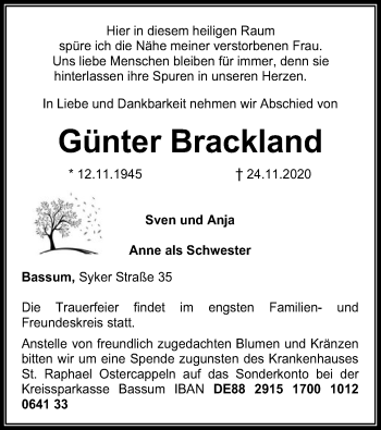 Todesanzeige von Günter Brackland von SYK
