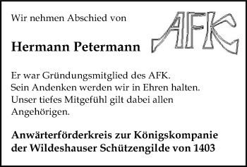 Todesanzeige von Hermann Petermann von SYK