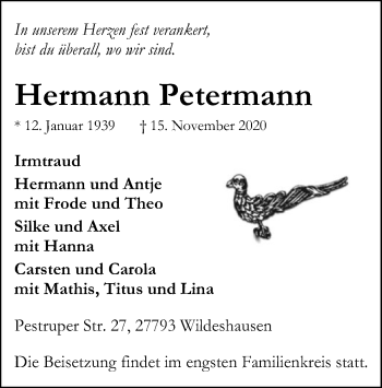Todesanzeige von Hermann Petermann von SYK