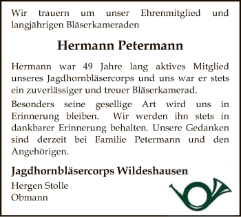 Todesanzeige von Hermann Petermann von SYK