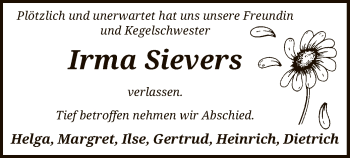 Todesanzeige von Irma Sievers von SYK
