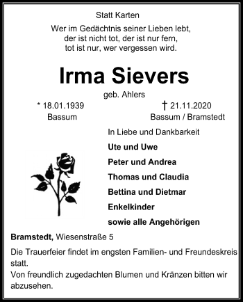 Todesanzeige von Irma Sievers von SYK