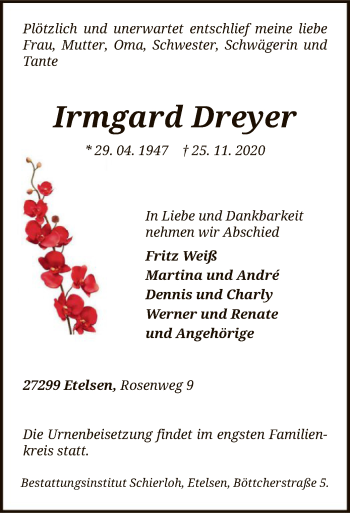 Todesanzeige von Irmgard Dreyer von SYK