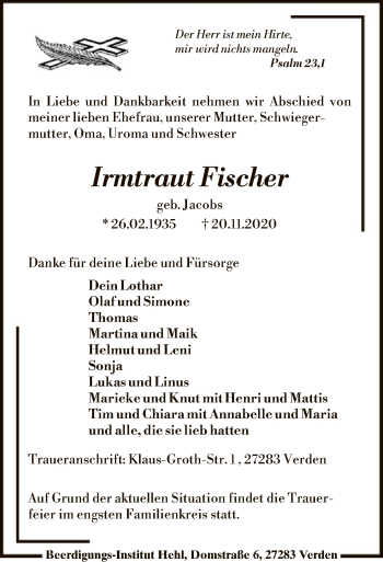 Todesanzeige von Irmtraut Fischer von SYK