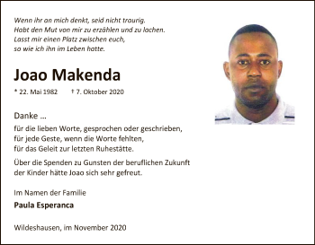 Todesanzeige von Joao Makenda von SYK
