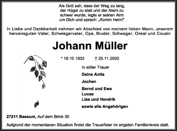 Todesanzeige von Johann Müller von SYK