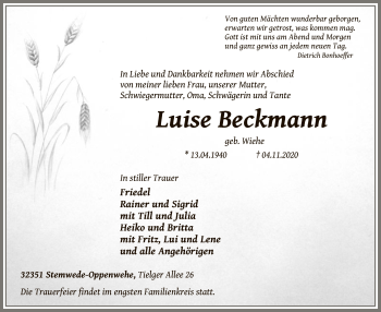 Todesanzeige von Luise Beckmann von SYK