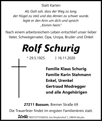 Todesanzeige von Rolf Schurig von SYK