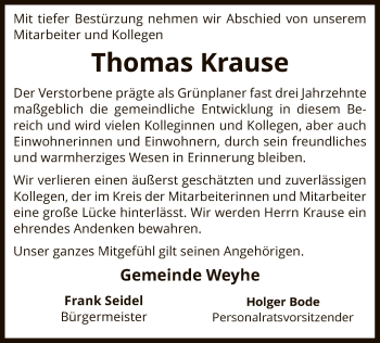 Todesanzeige von Thomas Krause von SYK