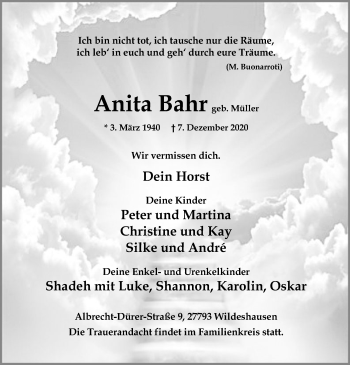Todesanzeige von Anita Bahr von SYK