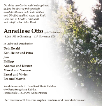 Todesanzeige von Anneliese Otto von SYK