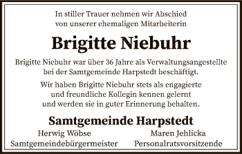 Todesanzeige von Brigitte Niebuhr von SYK