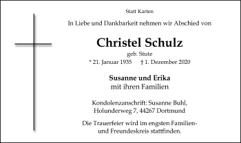 Todesanzeige von Christel Schulz von SYK