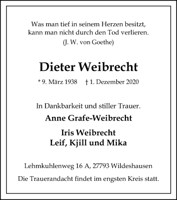 Todesanzeige von Dieter Weibrecht von SYK