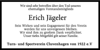 Todesanzeige von Erich Jägeler von SYK