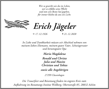 Todesanzeige von Erich Jägeler von SYK
