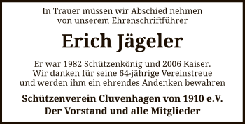 Todesanzeige von Erich Jägeler von SYK