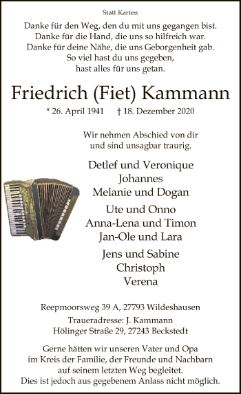 Todesanzeige von Friedrich Kammann von SYK